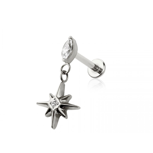 Threadless Push In Marquise Shape CZ Crystal with Dangling Starburst Flat Back Stud - ASTM F-136 Implant Grade Titanium