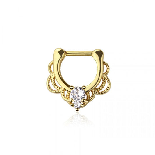 Lacey Edge with CZ Crystal Center Septum Clicker Ring - 316L Stainless Steel