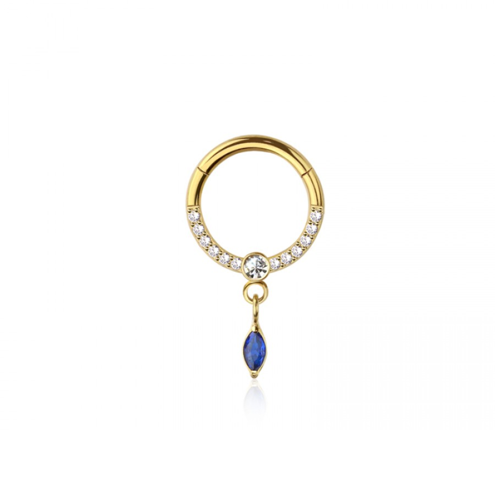 CZ Crystal Lined with Dangling Blue Marquise Crystal Hinged Segment Clicker Ring - 316L Stainless Steel