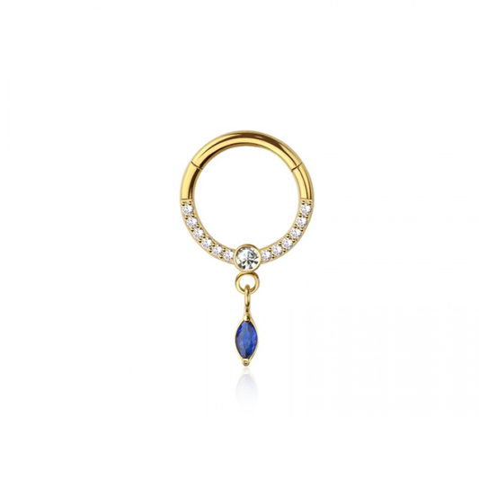 CZ Crystal Lined with Dangling Blue Marquise Crystal Hinged Segment Clicker Ring - 316L Stainless Steel