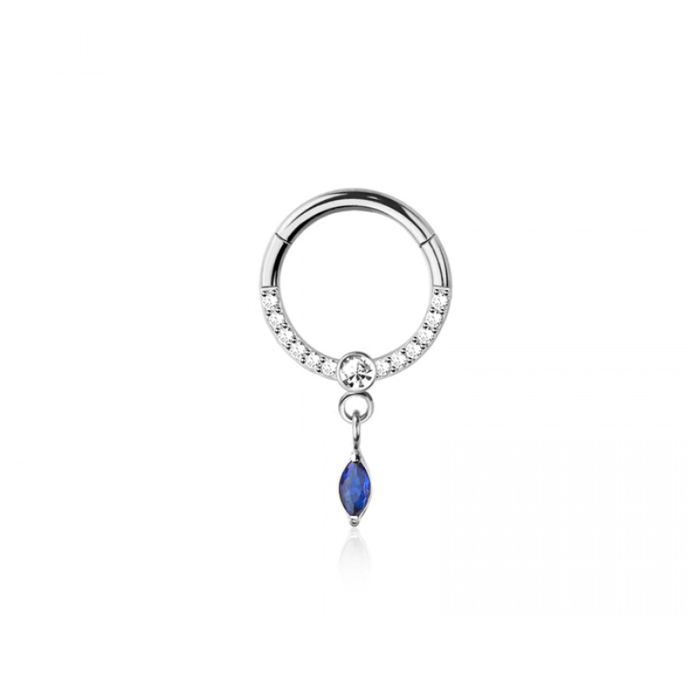 CZ Crystal Lined with Dangling Blue Marquise Crystal Hinged Segment Clicker Ring - 316L Stainless Steel