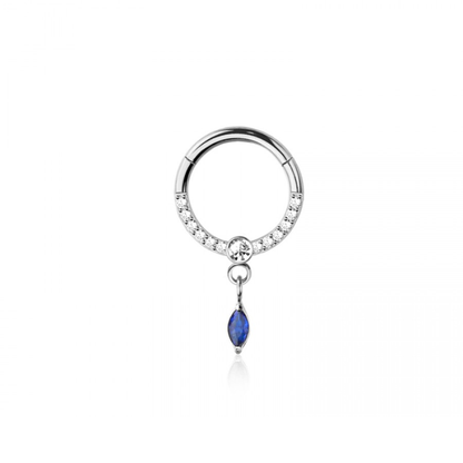 CZ Crystal Lined with Dangling Blue Marquise Crystal Hinged Segment Clicker Ring - 316L Stainless Steel