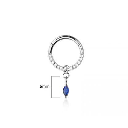 CZ Crystal Lined with Dangling Blue Marquise Crystal Hinged Segment Clicker Ring - 316L Stainless Steel