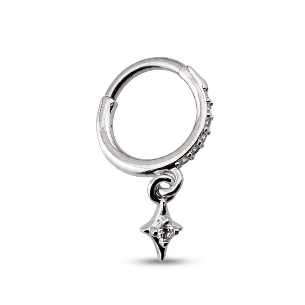 CZ Lined Star Dangle Hinged Segment Clicker Ring - 316L Stainless Steel