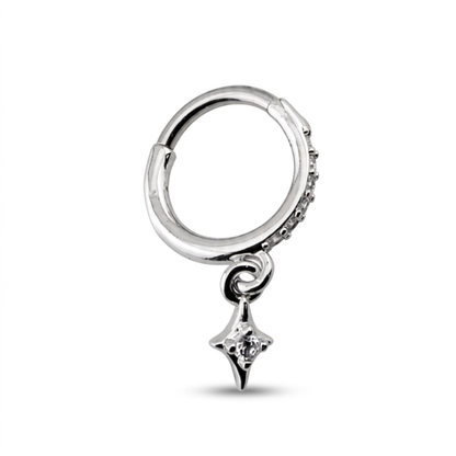 CZ Lined Star Dangle Hinged Segment Clicker Ring - 316L Stainless Steel