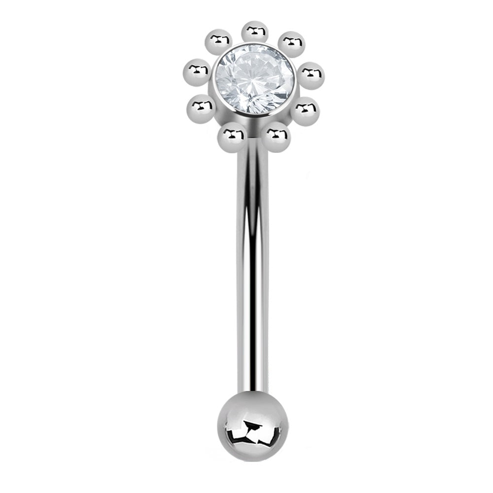 Internally Threaded CZ Crystal Flower Top Curved Eyebrow Barbell - G23 Titanium