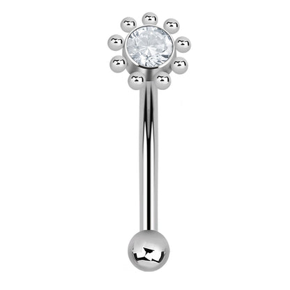 Internally Threaded CZ Crystal Flower Top Curved Eyebrow Barbell - G23 Titanium