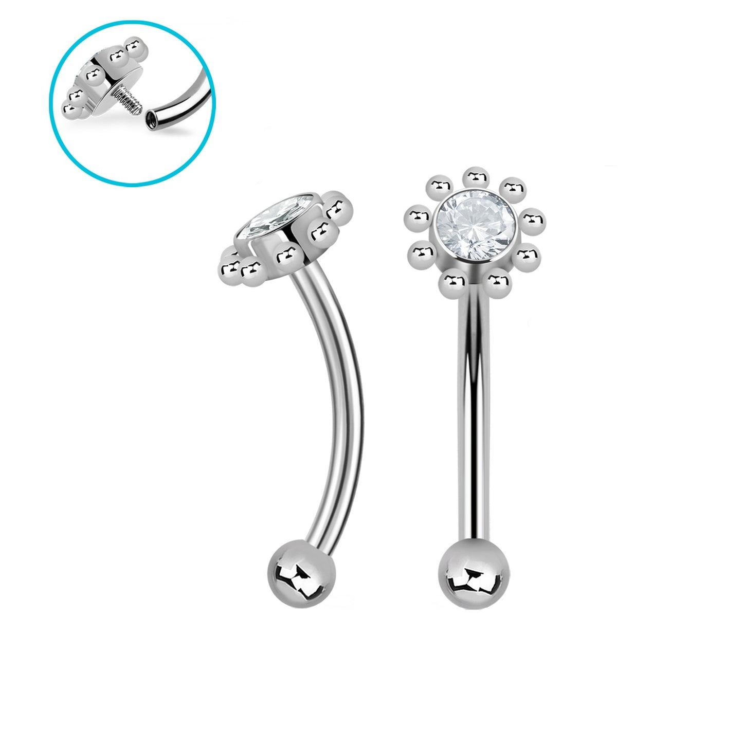 Internally Threaded CZ Crystal Flower Top Curved Eyebrow Barbell - G23 Titanium