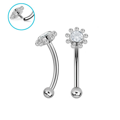 Internally Threaded CZ Crystal Flower Top Curved Eyebrow Barbell - G23 Titanium