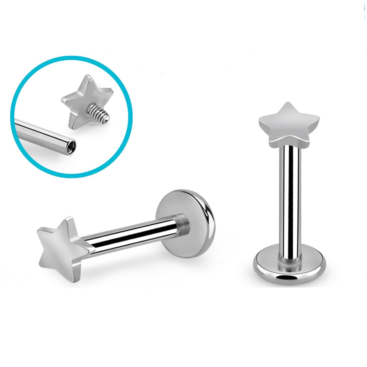 Internally Threaded Flat Star Top Flat Back Labret Stud - G23 Titanium