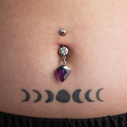 Double Jeweled CZ Crystal Semi-Precious Stone Dangling Belly Button Ring - 316L Stainless Steel