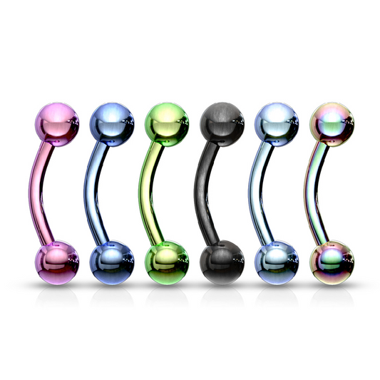 Set of 6 Assorted Colors Ball End Curved Eyebrow Rings - Titanium Plated Stainless Steel