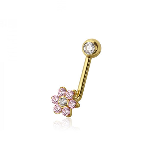 Internally Threaded CZ Crystal Flower End VCH Piercing L-Bend Barbell - ASTM F-136 Implant Grade Titanium