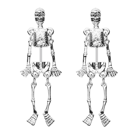 Undead Hanging Skeleton Faux Taper Earrings - 316L Stainless Steel - Pair