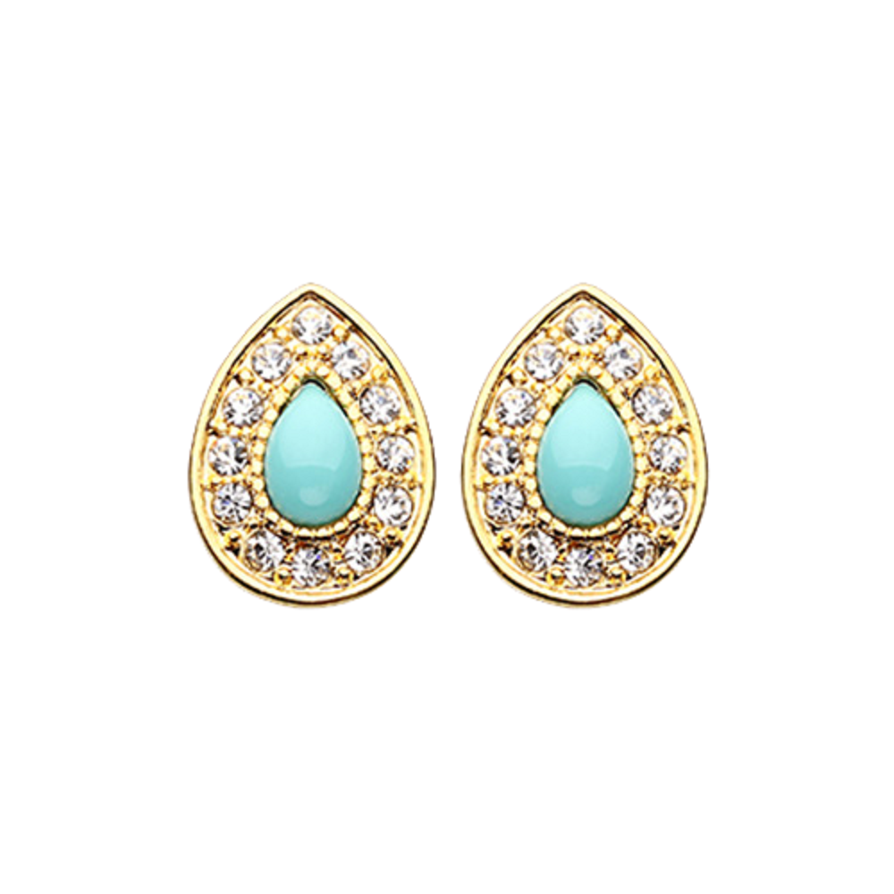 Golden Multi-Gem Teardrop with Turquoise Center Stud Earrings - 316L Stainless Steel - Pair