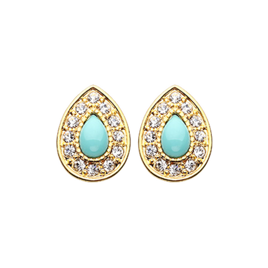 Golden Multi-Gem Teardrop with Turquoise Center Stud Earrings - 316L Stainless Steel - Pair