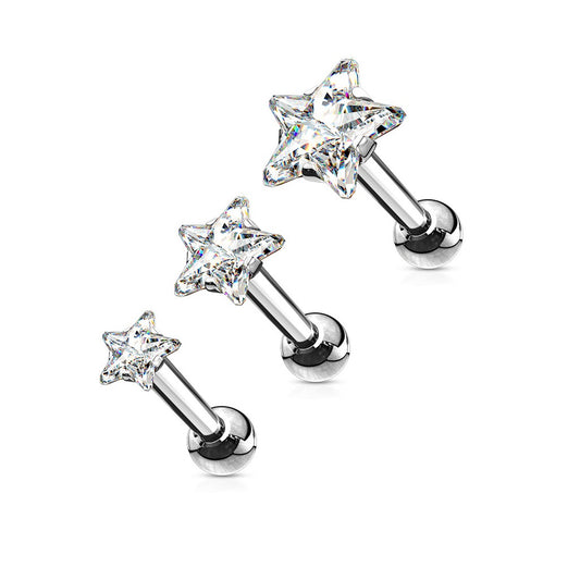 Set of 3 CZ Crystal Star Top Cartilage Tragus Barbells - Stainless Steel