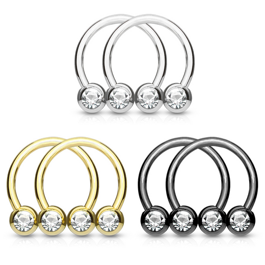 Set of 3 Pairs of CZ Crystal Horseshoe Circular Curved Nipple Septum Barbell Rings - Stainless Steel