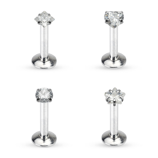 Set of 4 Prong Set CZ Crystal Top Internally Threaded Flat Back Labret Studs - Stainless Steel