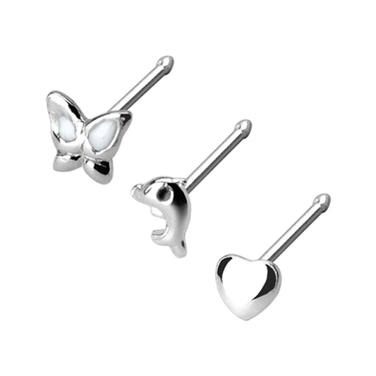 Set of 3 Dolphin, Butterfly, and Heart Designs Nose Bone Studs - Sterling Silver