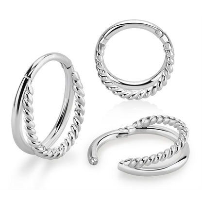 Double Twisted Wire and Plain Hoop Hinged Segment Clicker Ring - 925 Sterling Silver