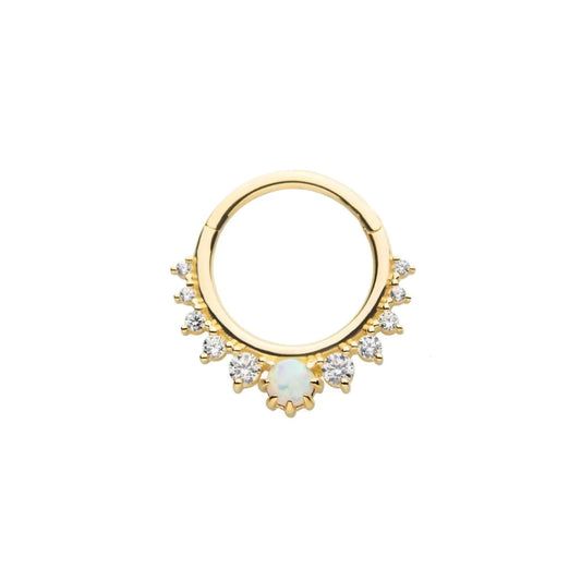 White Opal Gem Cluster Front Facing Hinged Segment Clicker - 14kt Gold