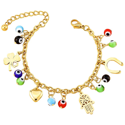 Evil Eye and Hamsa Lucky Charm Bracelet - Gold PVD Stainless Steel