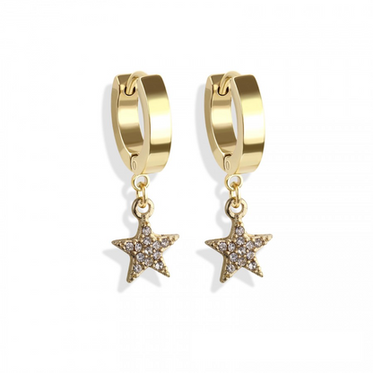 CZ Crystal Star Dangling Huggie Hoop Earrings - Pair - 316L Stainless Steel