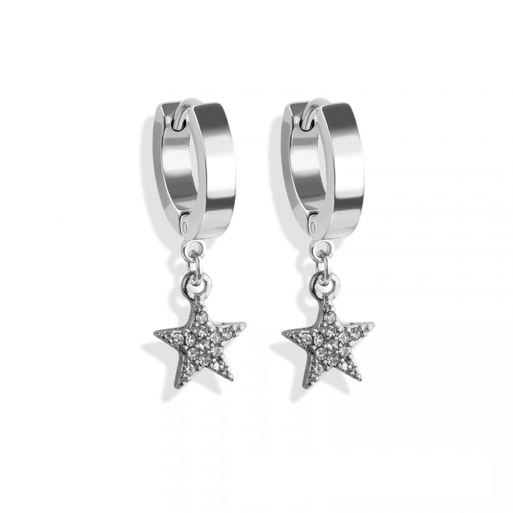 CZ Crystal Star Dangling Huggie Hoop Earrings - Pair - 316L Stainless Steel