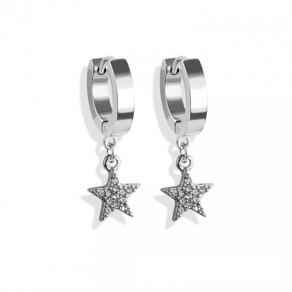 CZ Crystal Star Dangling Huggie Hoop Earrings - Pair - 316L Stainless Steel