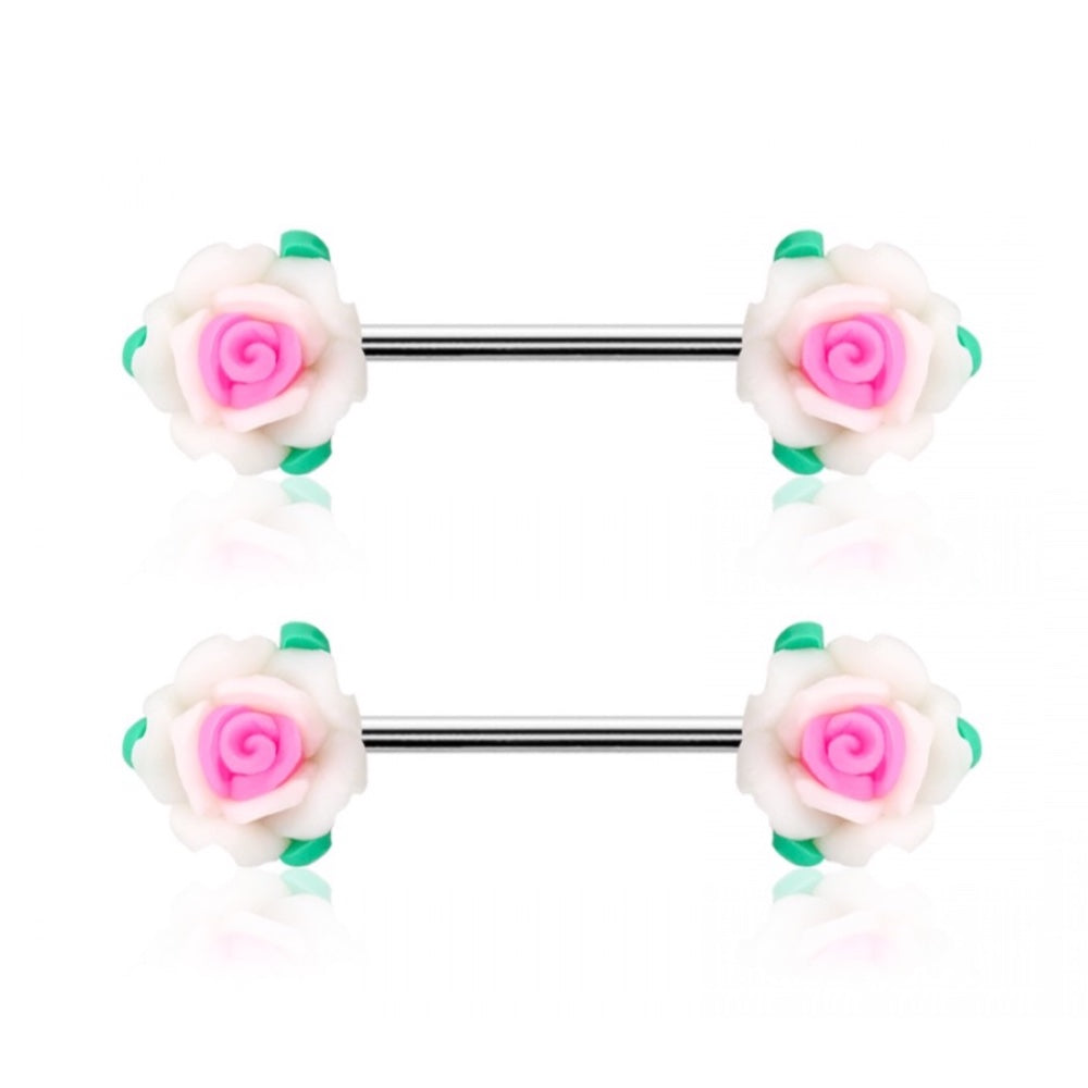 Pink and White Rose Flower Nipple Barbells - Pair - 316L Stainless Steel