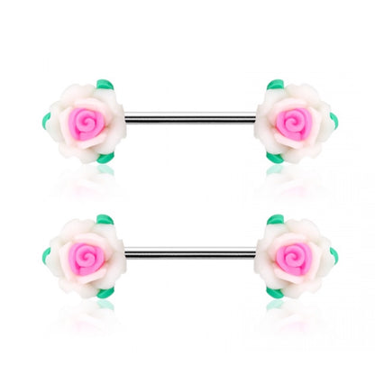 Pink and White Rose Flower Nipple Barbells - Pair - 316L Stainless Steel