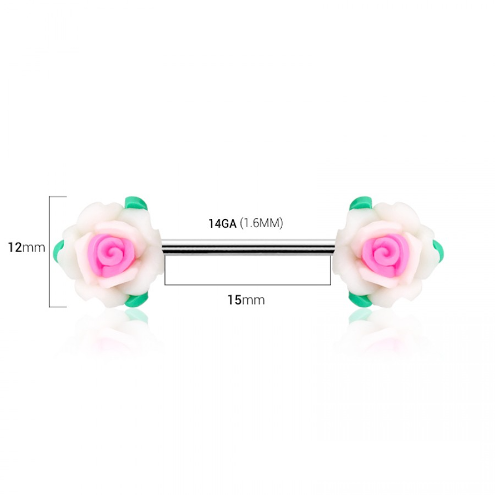 Pink and White Rose Flower Nipple Barbells - Pair - 316L Stainless Steel