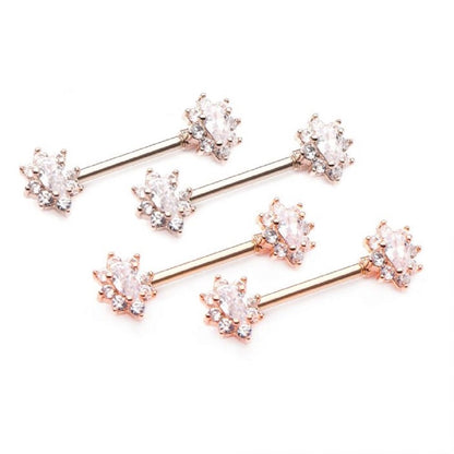 CZ Crystal Oval Flower Cluster Nipple Barbells - Stainless Steel - Pair