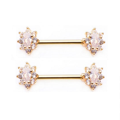 CZ Crystal Oval Flower Cluster Nipple Barbells - Stainless Steel - Pair