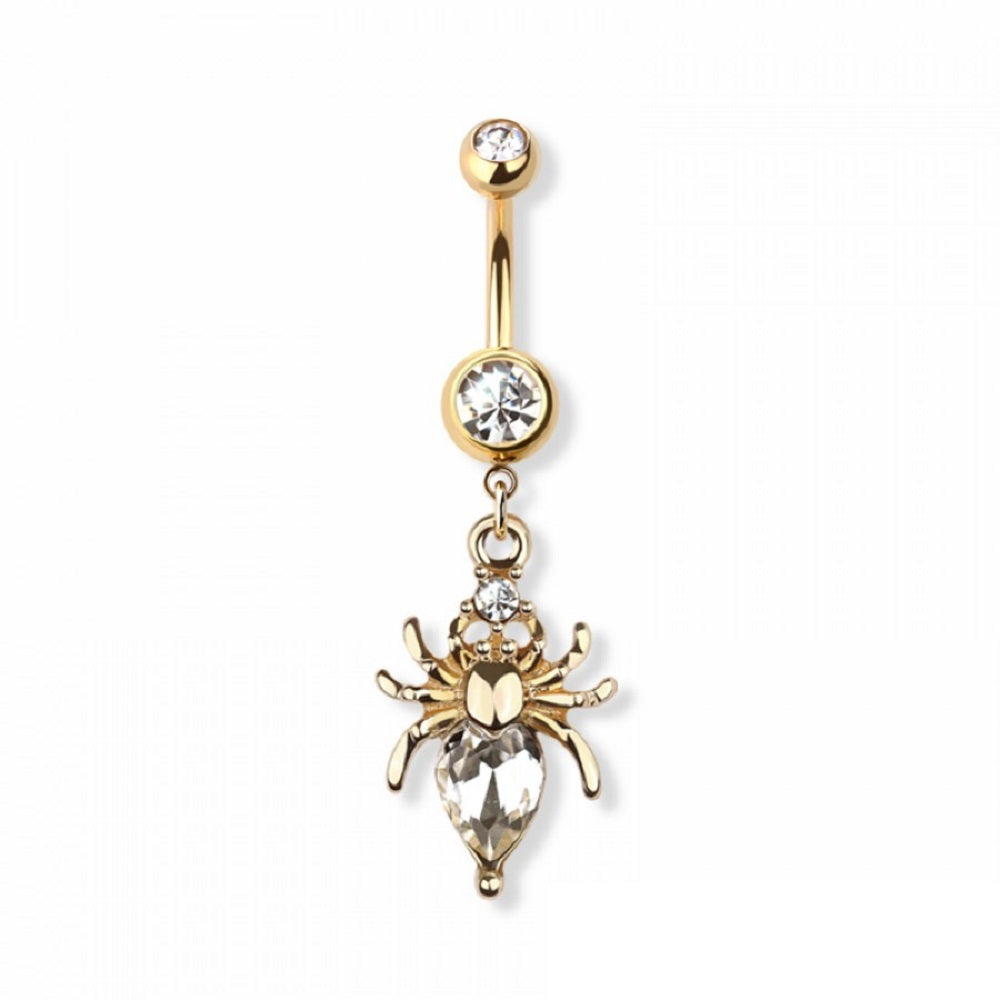 CZ Crystal Spider with Heart Dangling Belly Button Ring - Gold Plated 316L Stainless Steel