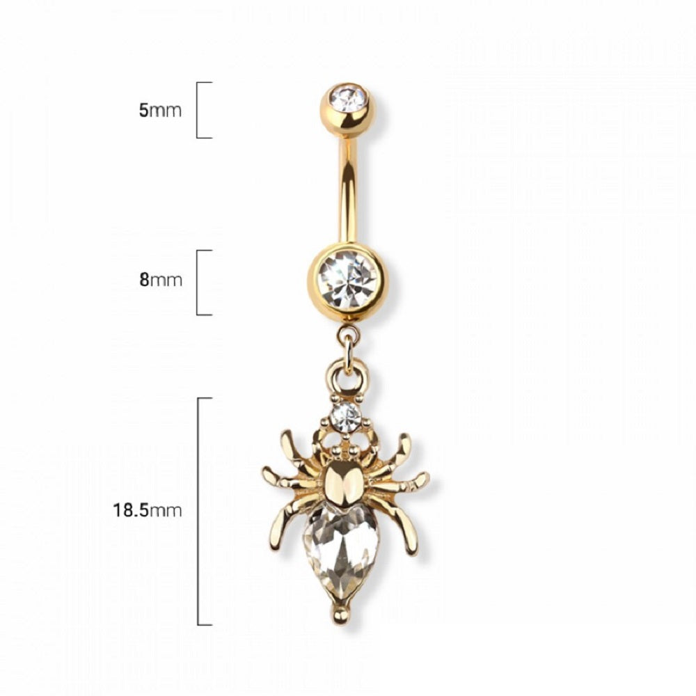 CZ Crystal Spider with Heart Dangling Belly Button Ring - Gold Plated 316L Stainless Steel