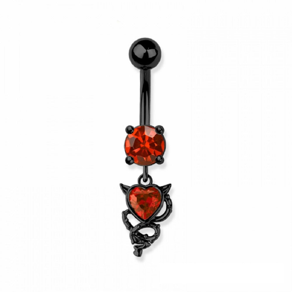 CZ Crystal Devil Heart Dangling Belly Button Ring - 316L Stainless Steel