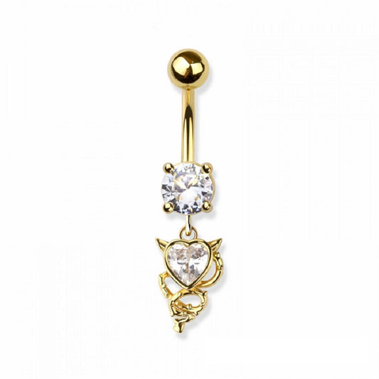 CZ Crystal Devil Heart Dangling Belly Button Ring - 316L Stainless Steel