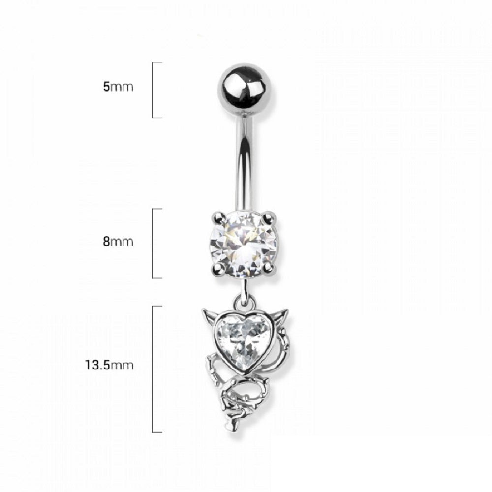 CZ Crystal Devil Heart Dangling Belly Button Ring - 316L Stainless Steel