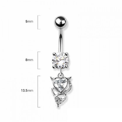 CZ Crystal Devil Heart Dangling Belly Button Ring - 316L Stainless Steel