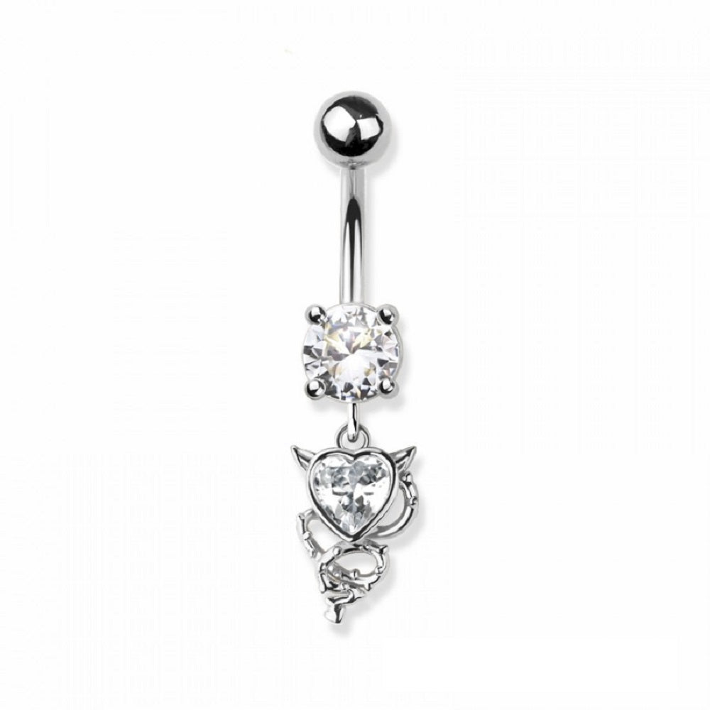 CZ Crystal Devil Heart Dangling Belly Button Ring - 316L Stainless Steel