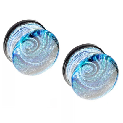 Blue Galaxy Sparkle Swirl Design Glass Double Flared Plugs - Pair