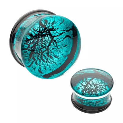 Turquoise Blue Cracked Web Design Glass Double Flared Plugs
 - Pair