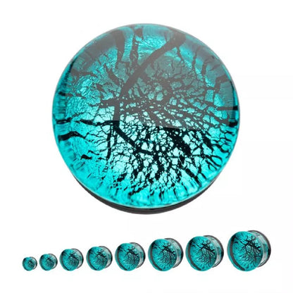 Turquoise Blue Cracked Web Design Glass Double Flared Plugs
 - Pair