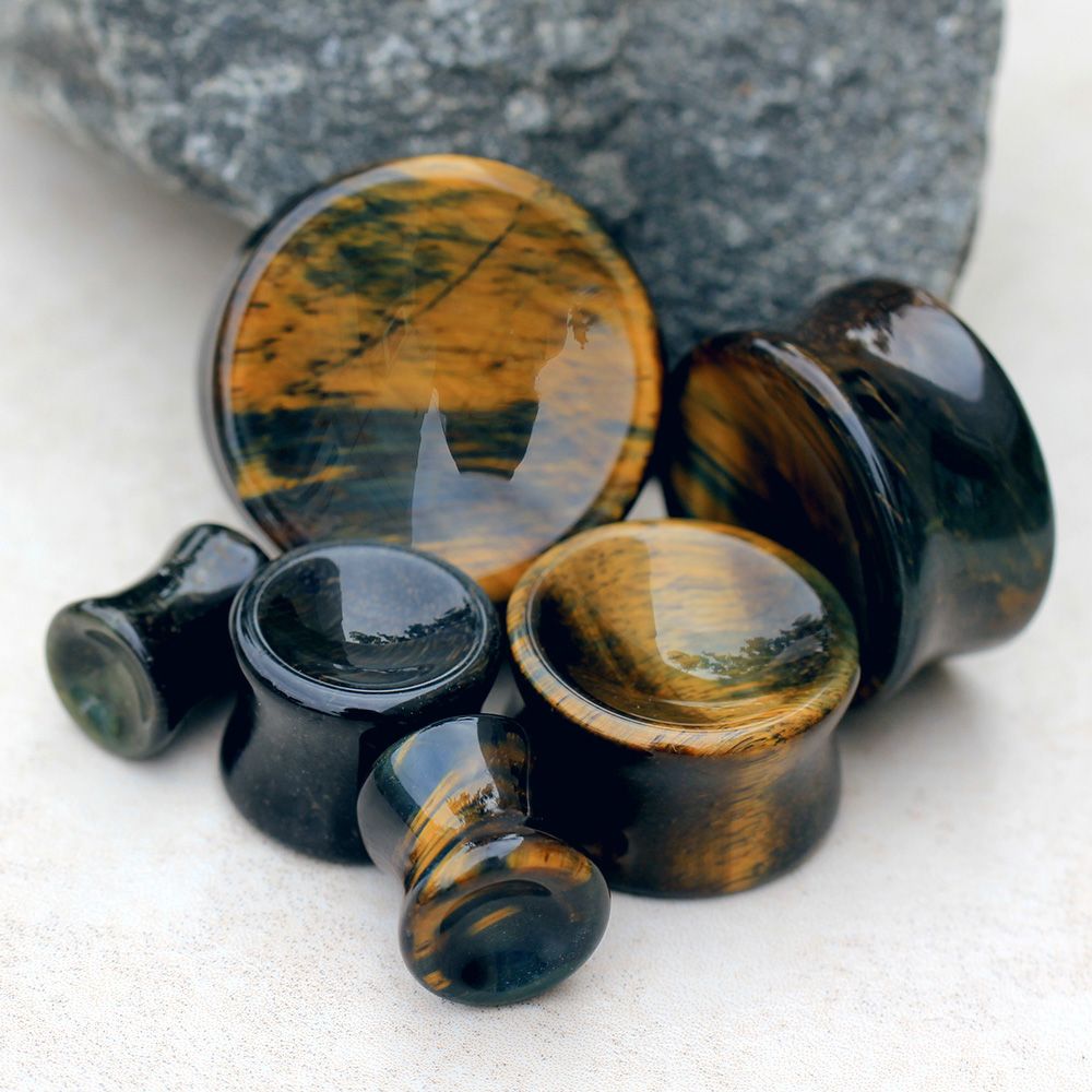 Natural Concave Dark Tiger Eye Stone Double Flared Saddle Fit Plugs
 - Pair