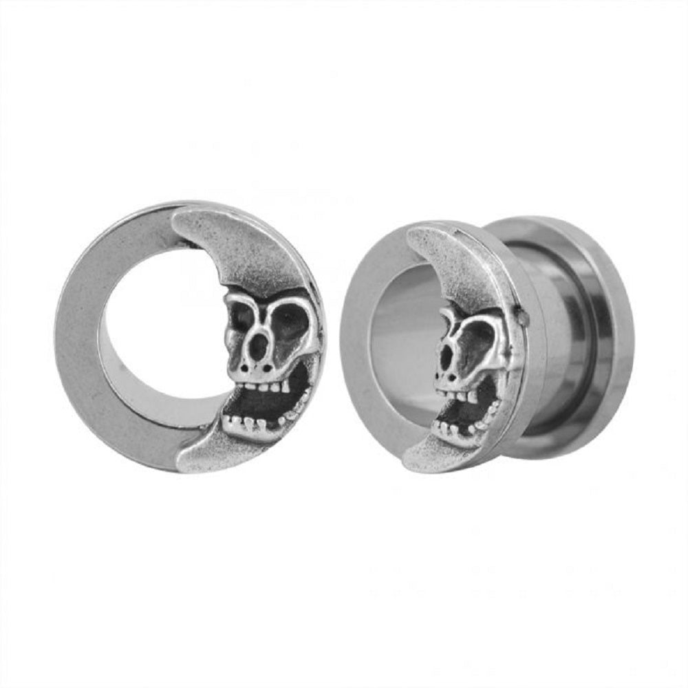 Skull in Moon Screw Fit Tunnels - 316L Stainless Steel - Pair