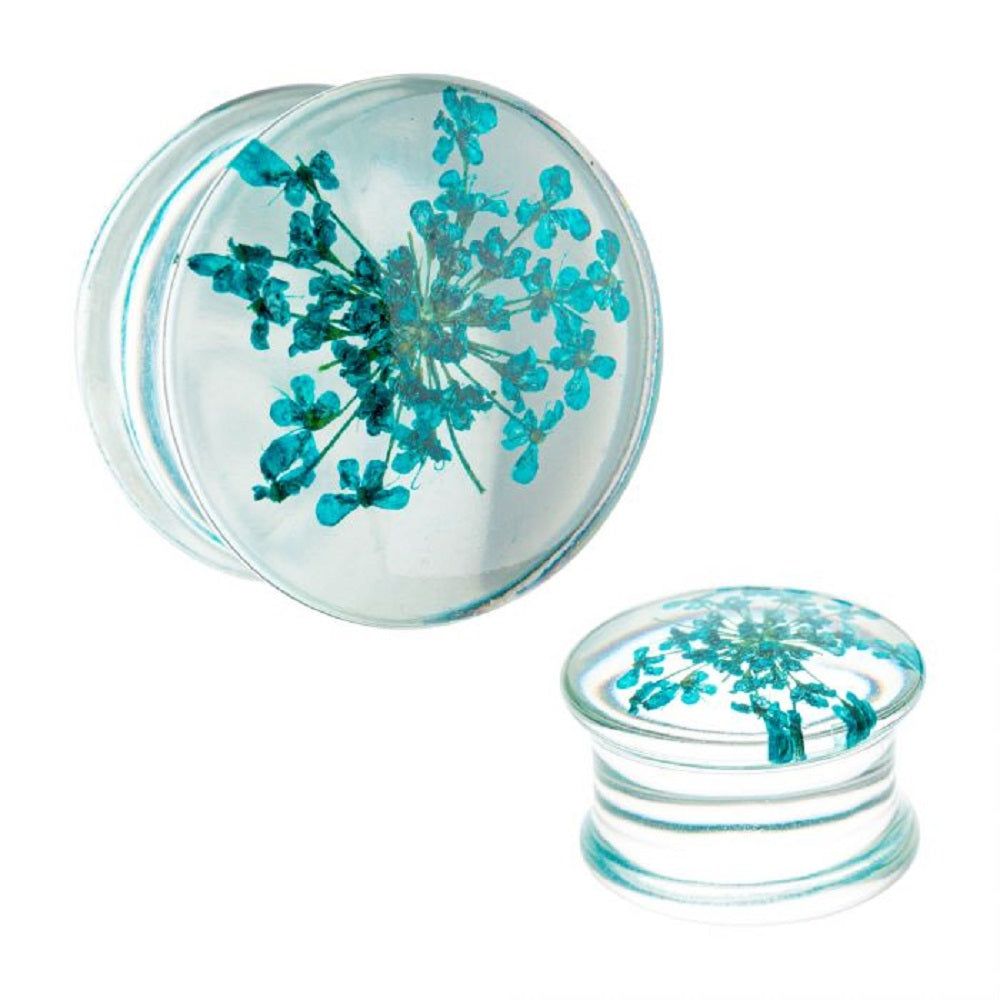 Dried Aqua Flowers in Acrylic Flesh Fit Plugs - Pair