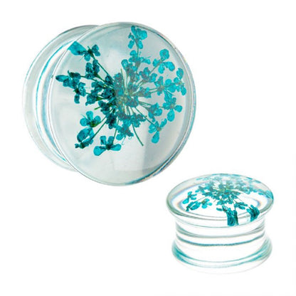 Dried Aqua Flowers in Acrylic Flesh Fit Plugs - Pair