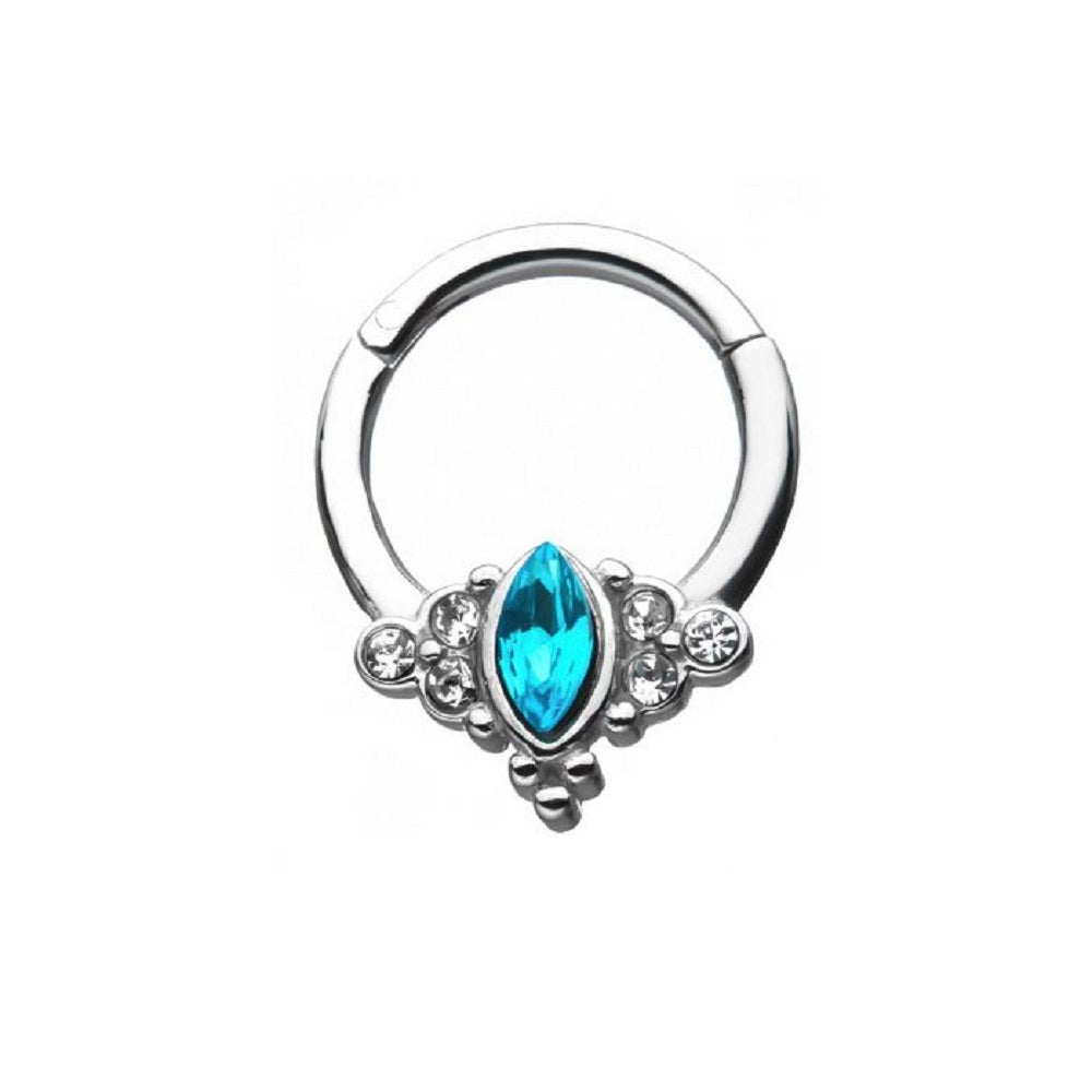 Blue and Clear CZ Crystal Ornate Design Hinged Segment Clicker Ring - Stainless Steel